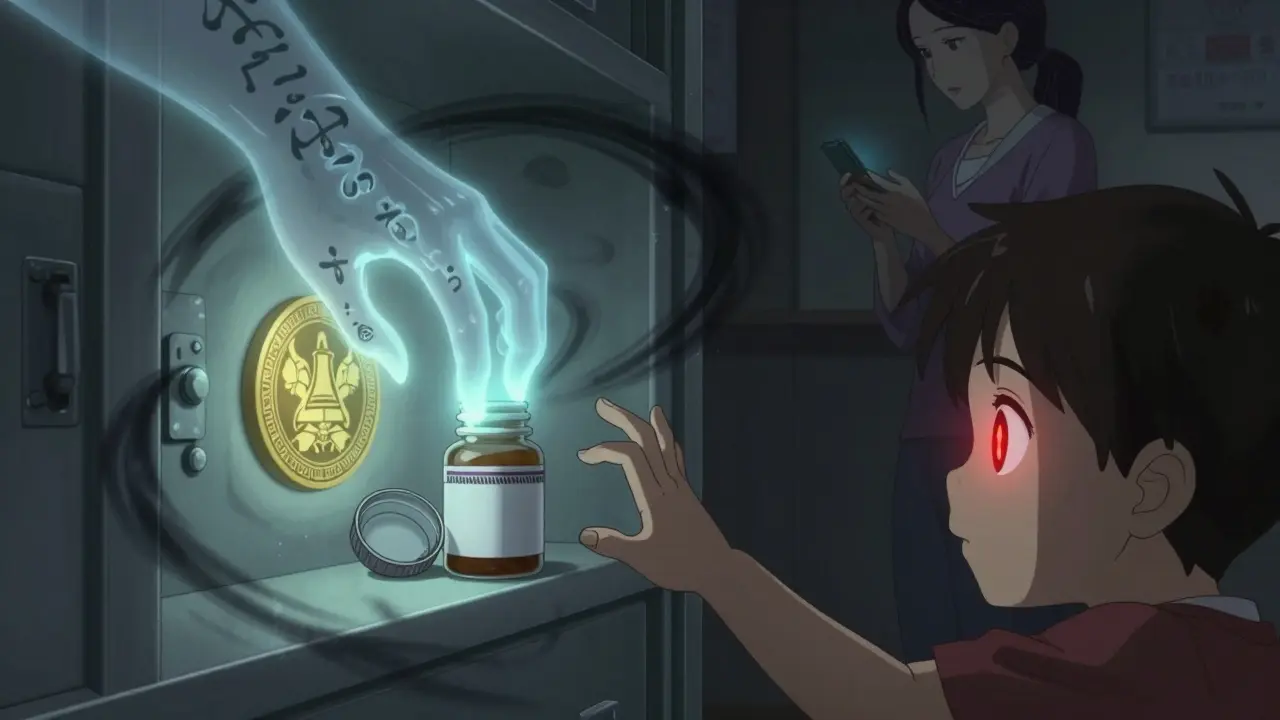 A child's hand is stopped from accessing iron pills by a supernatural warning hand.