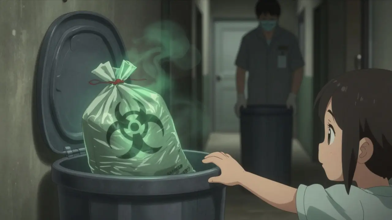 A child reaching for a trash bin while invisible toxins glow from a properly sealed chemotherapy waste bag.