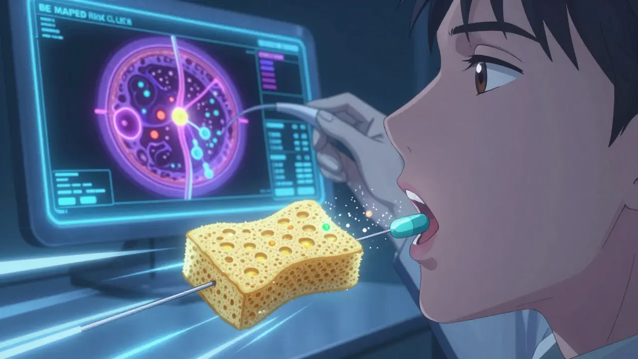 A Cytosponge being swallowed as it collects esophageal cells, with medical scan data floating around it in a futuristic style.