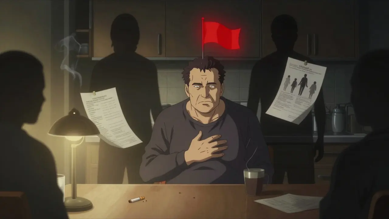 A man at a kitchen table surrounded by shadowy symbols of GERD risk factors: smoking, obesity, and family history.