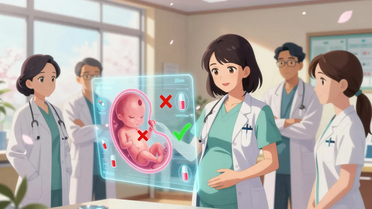 A medical team reviewing a holographic embryo with safe and unsafe medication icons in a bright clinic.