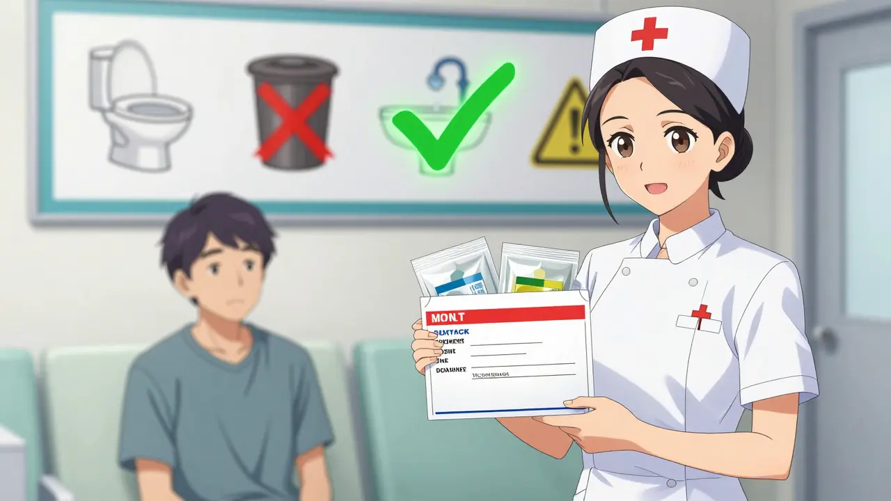 A nurse handing a mail-back envelope for chemotherapy waste, with prohibited disposal methods shown in the background.
