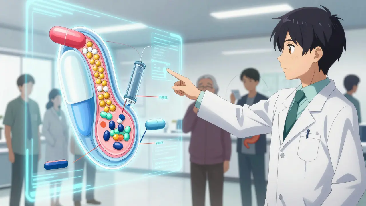 A pharmacist explaining pill technology with a holographic cross-section of extended-release mechanisms.