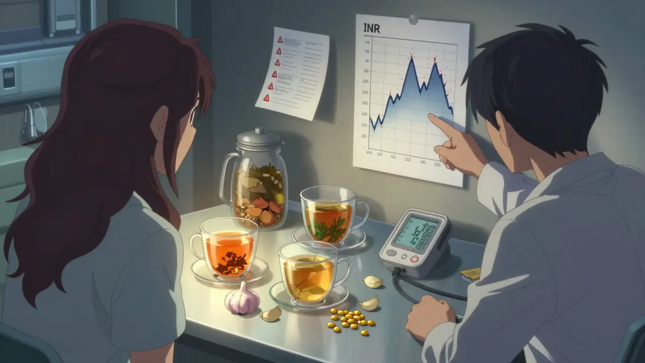 A pharmacist reviewing herbal supplements and blood pressure data with a patient in a hospital room, warning symbols floating in the air.