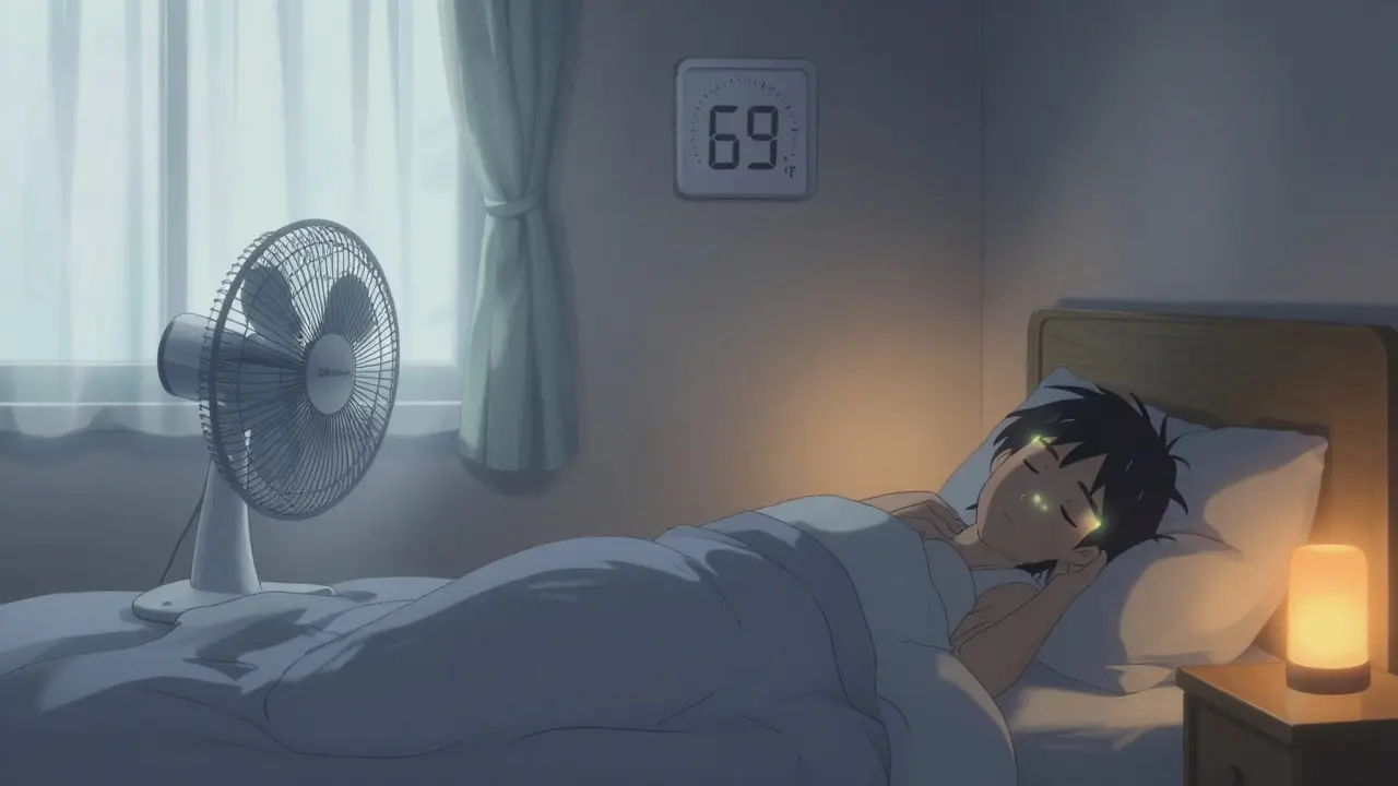 A serene bedroom with perfect sleep conditions: dim amber light, cool temperature, and a person sleeping deeply with a soft glow of melatonin.