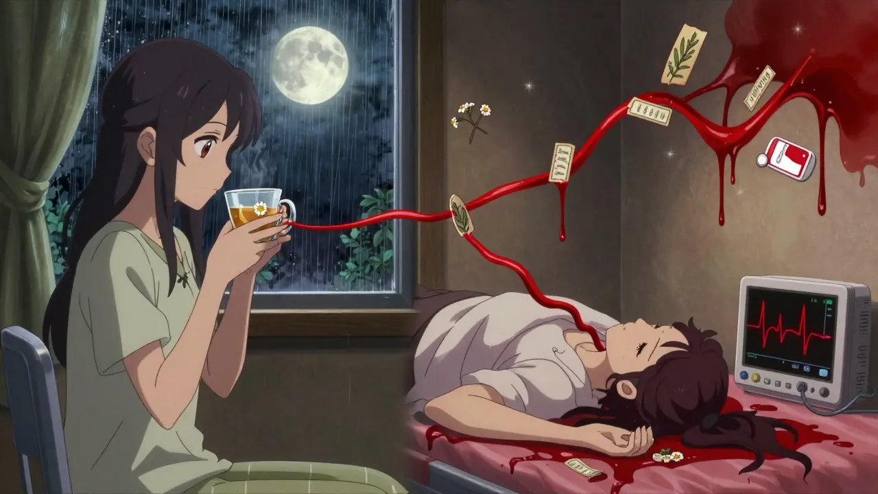 A woman sipping tea on one side, collapsed in a hospital on the other, connected by a blood thread and herbal labels, symbolizing hidden danger.