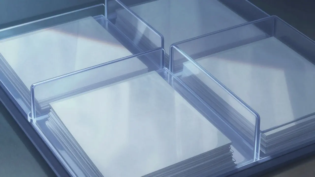 Archival sleeve protecting medical labels under cool light.