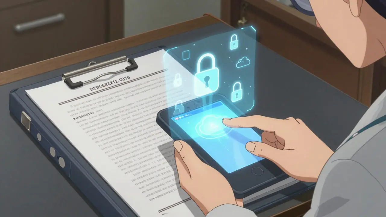 Character scanning paper records with digital security icons.