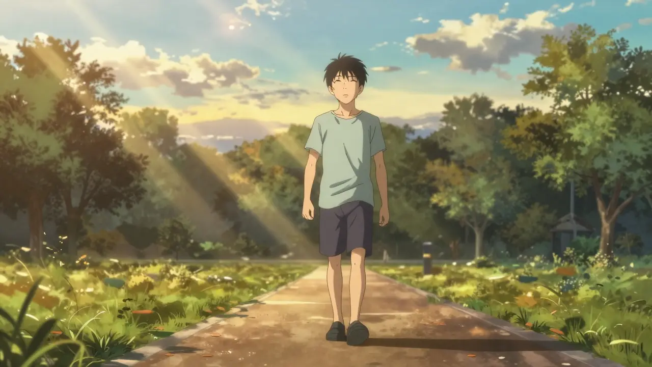 Confident person walking in park at sunset representing recovery and active living.