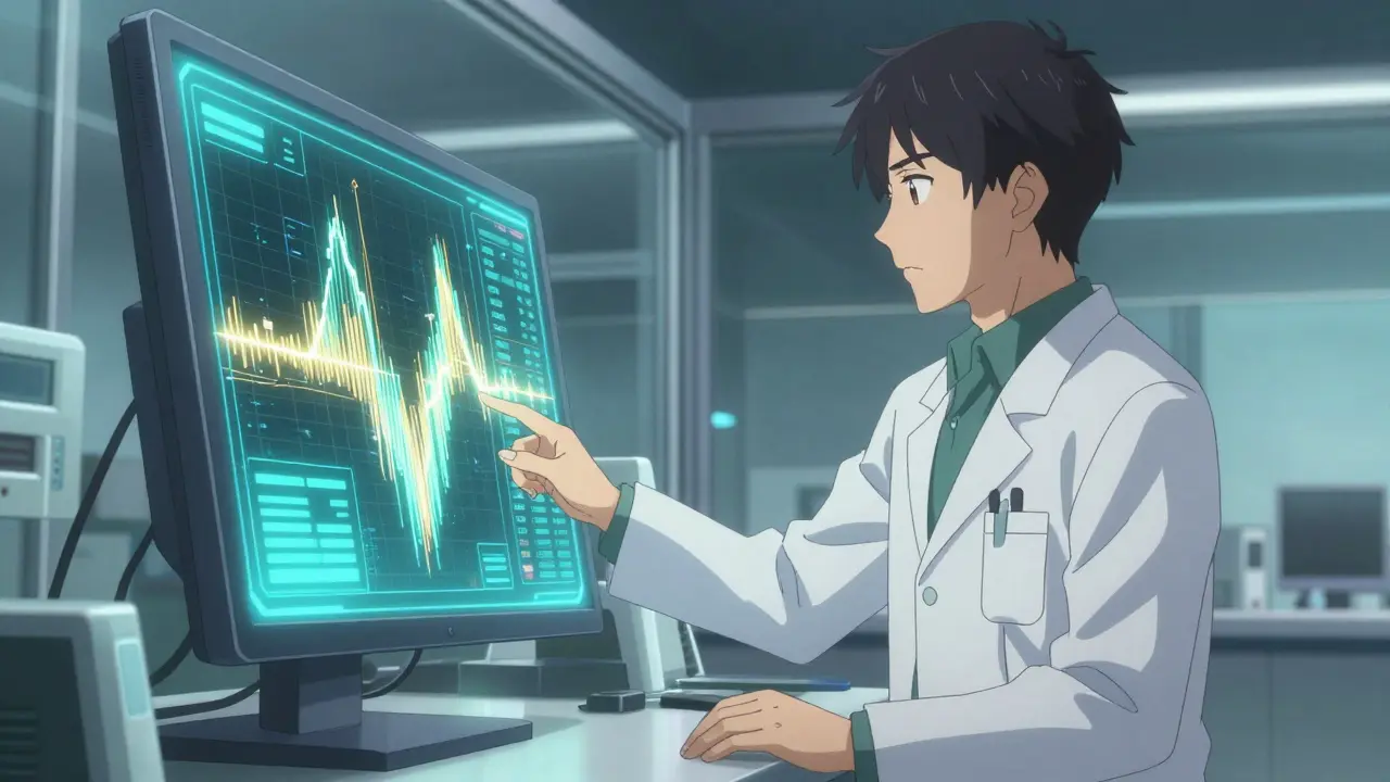 Doctor analyzing holographic medical data streams on a tablet.