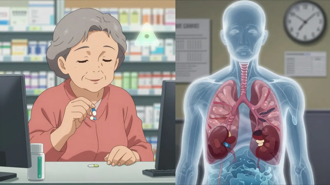 Elderly woman taking a painkiller at a pharmacy while her internal organs show fluid buildup, warning symbol glowing behind her.