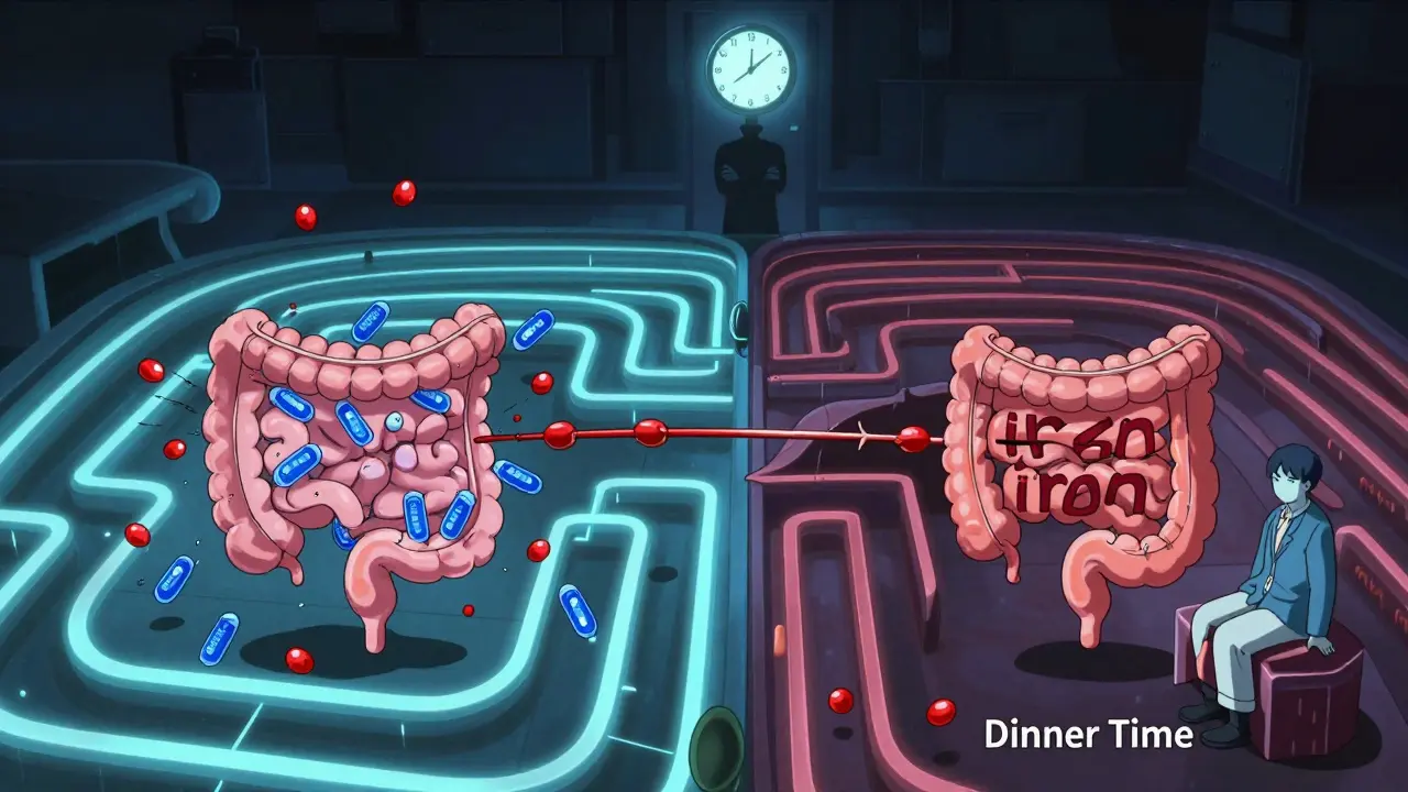 Intestinal transporters show iron and calcium competing for absorption, with timed separation.