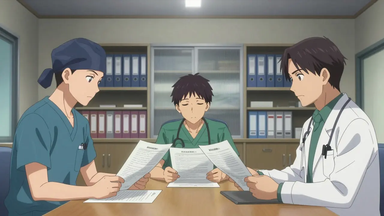 Medical team reviewing patient safety protocols in conference room.