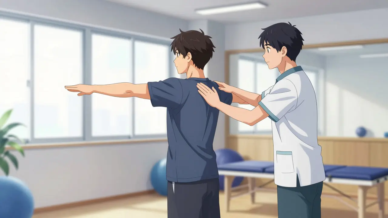 Patient exercising in therapy studio with therapist guiding movements from a distance.