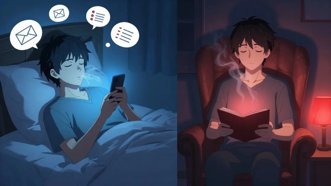 Split scene: one side shows a man scrolling his phone with anxious thought bubbles, the other shows him journaling calmly under soft red light.