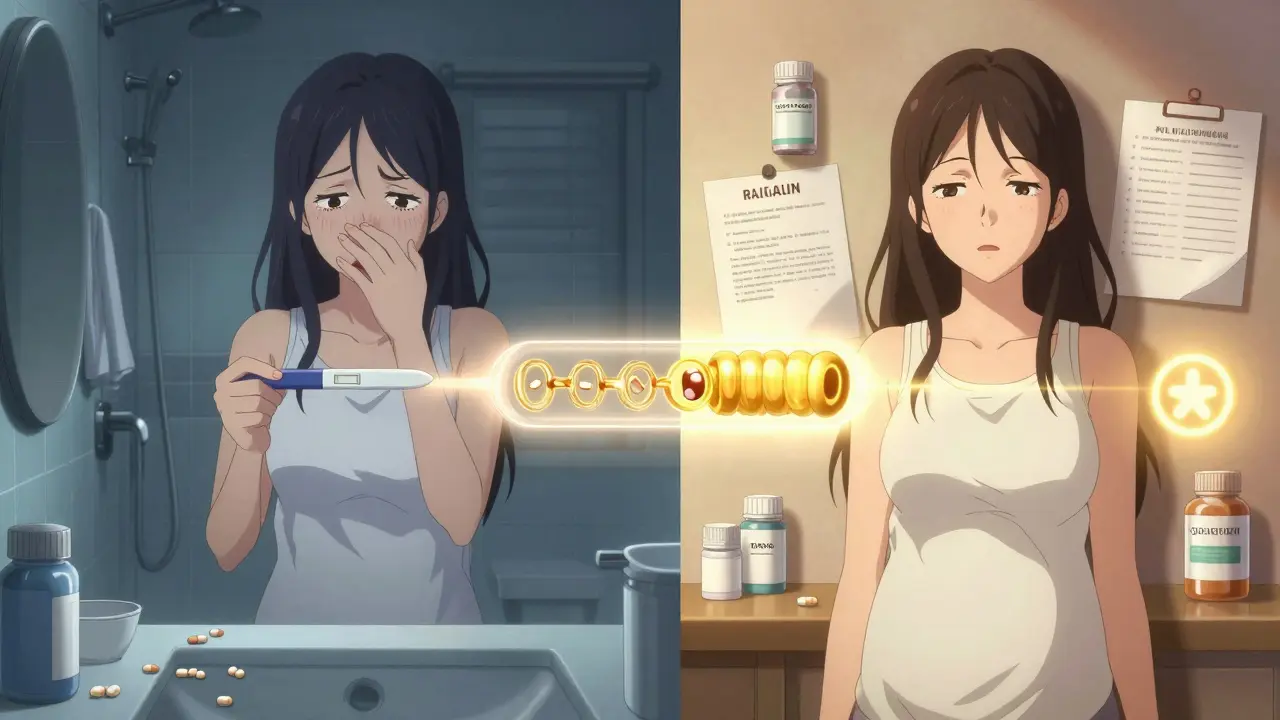 Split scene: one side shows panic with pregnancy test and pills, other shows calm with prenatal vitamins and glowing folic acid symbol.