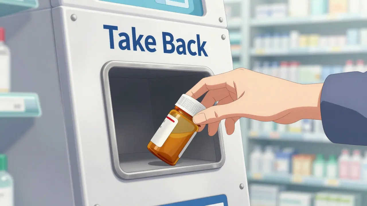 A hand dropping an expired medication bottle into a secure pharmacy take-back kiosk