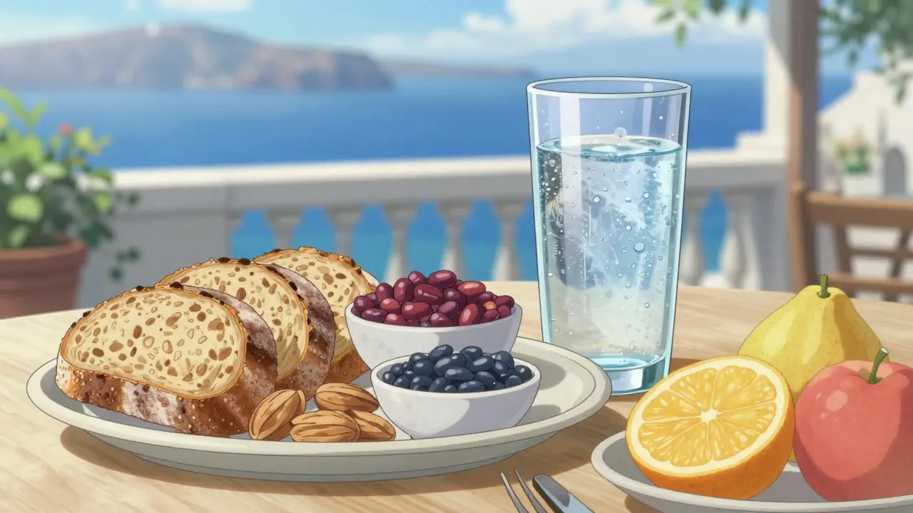 A Mediterranean feast with whole grains, nuts, and a glass of water on a sunny terrace in anime style.