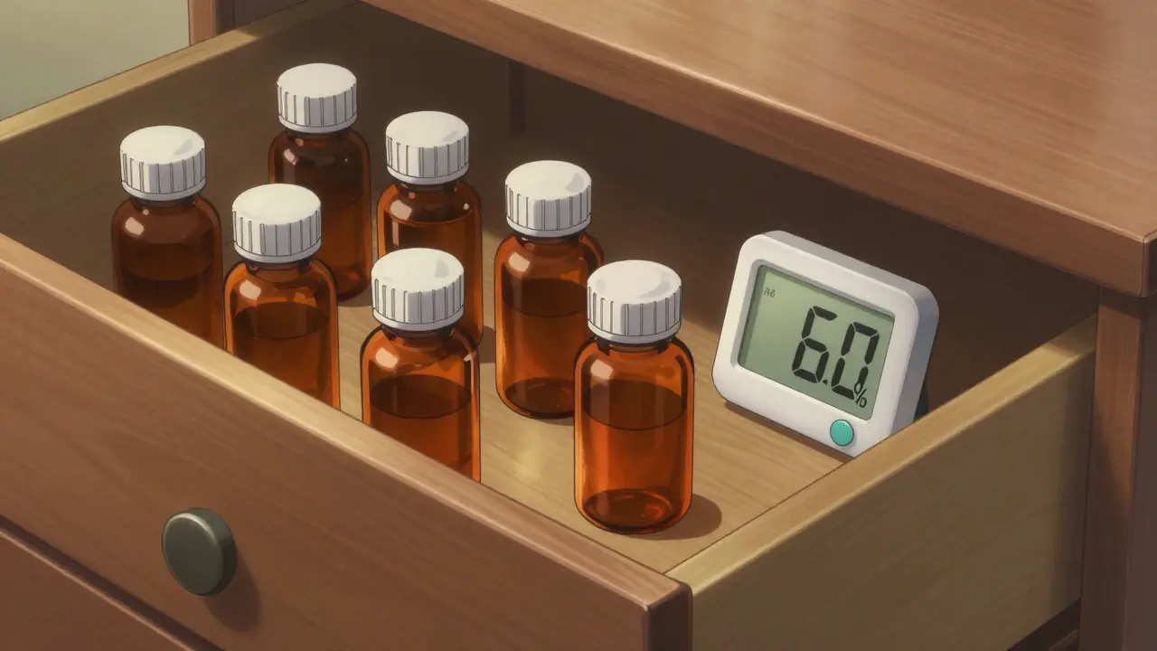 Amber medicine bottles and a humidity monitor stored in a dry dresser drawer