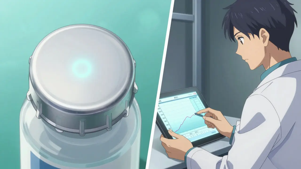 Comparison of a smart pill cap and a medical PDC graph in anime style.