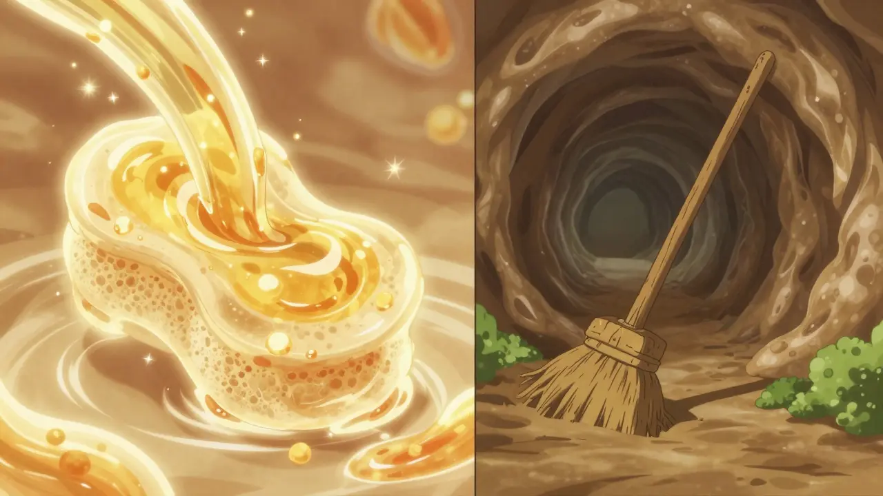 Conceptual anime art showing a golden gel sponge and a wooden broom representing fiber types.