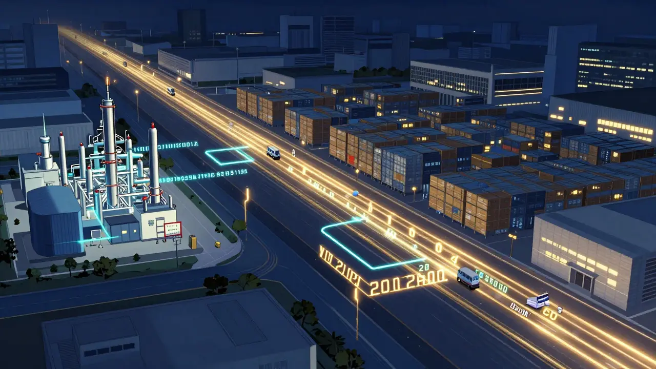 Digital data streams representing the pharmaceutical supply chain moving across a map of the US