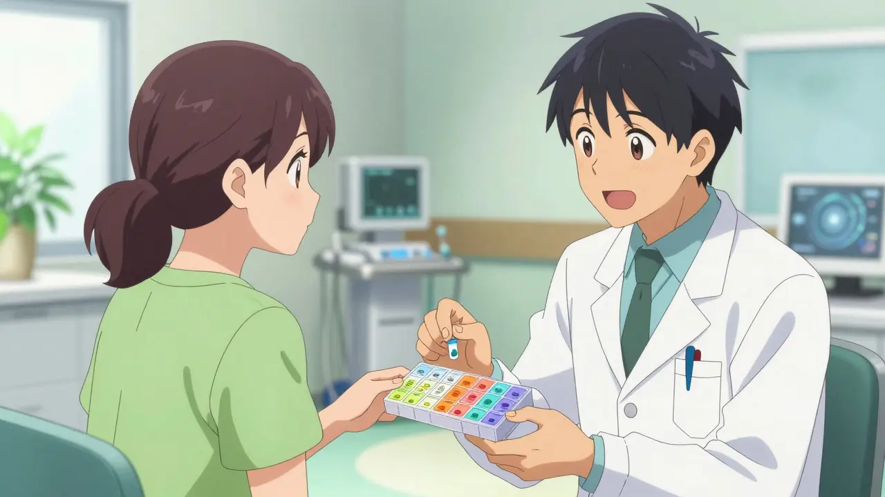 Doctor and patient discussing medication adherence in a bright clinic, anime style.