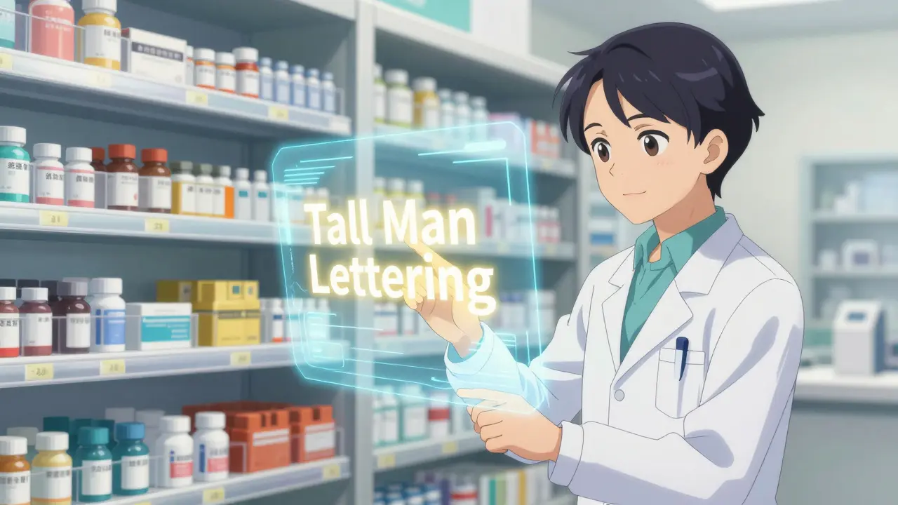 Medical professional using an AI interface with Tall Man Lettering in a modern pharmacy