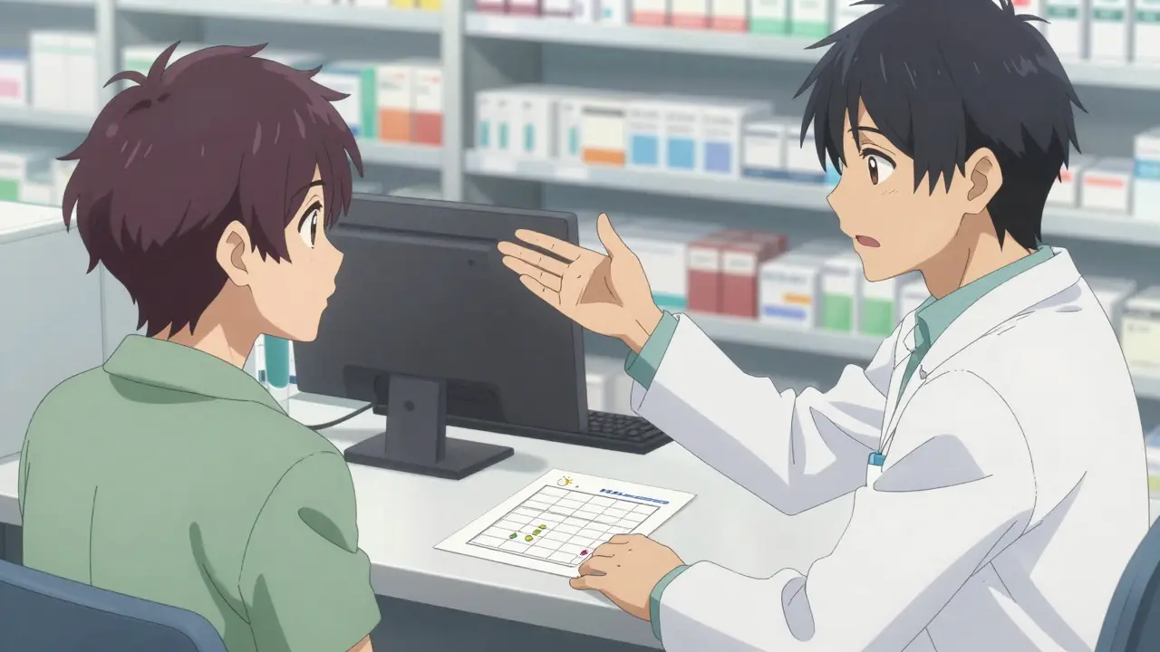 Patient and pharmacist discussing a visual medication schedule at the counter