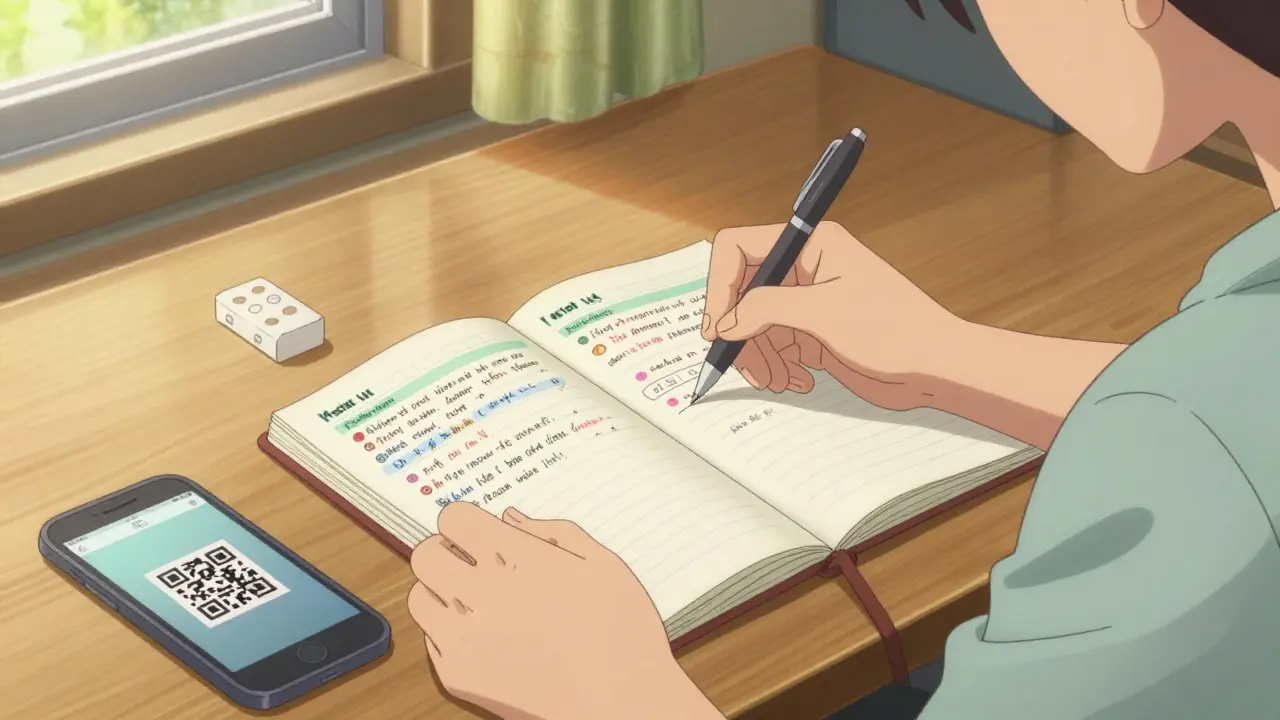 Person organizing a personalized medication master list at a home desk