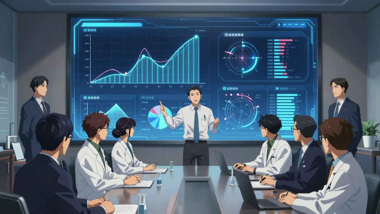 Pharmaceutical experts presenting statistical bioequivalence data to regulators