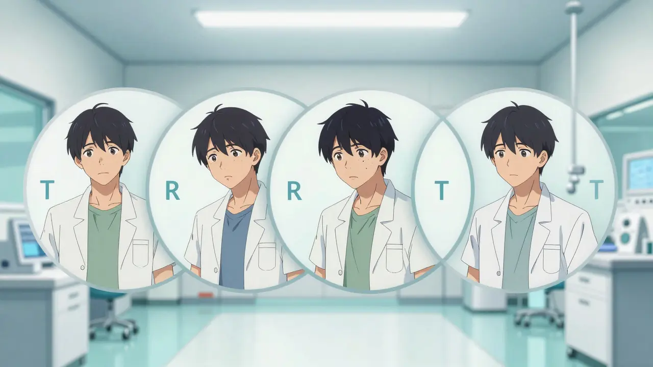 Sequential frames showing a patient participating in multiple dosing periods of a study