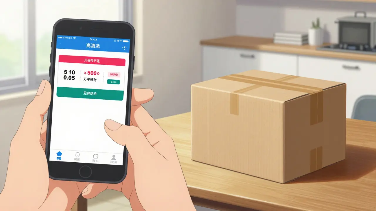 Split screen showing a digital pharmacy coupon and a medication delivery package